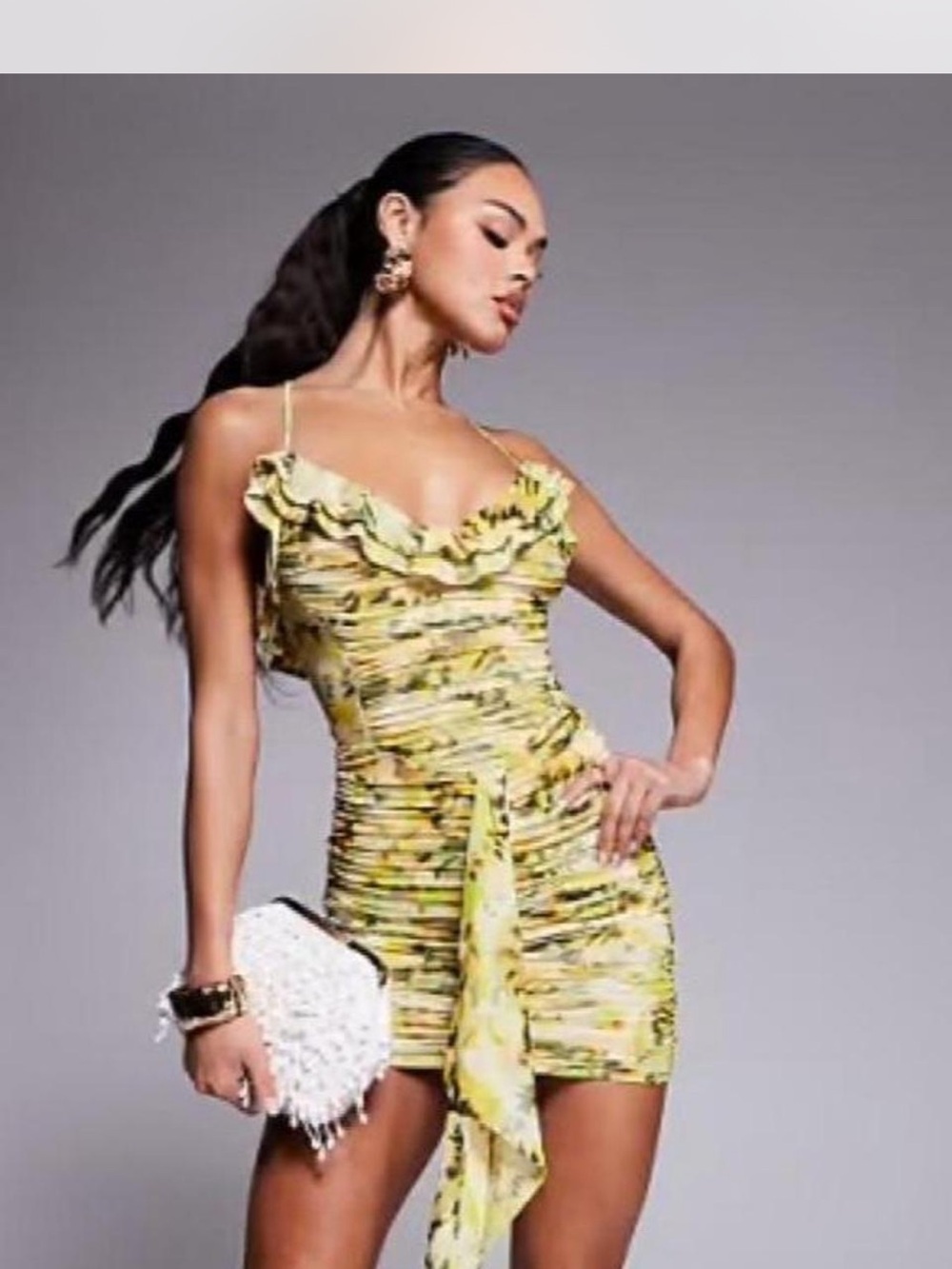AFRM Mackie mesh ruffle mini dress with drape detail in lime print Size Small P